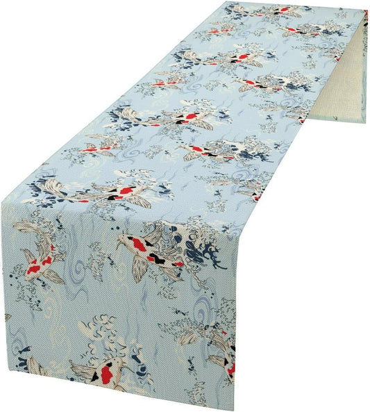 Kio Fish Table Runner Waves Retro Japanese Tradition Art Printed Burlap Runner Home Kitchen Dining Table Living Room Decor Fabric 1 Panel W13xL120in