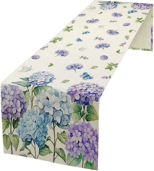Spring Hydrangea Flower Table Runner, Seasonal Summer Plants Watercolor Florals Butterfly Dinner Runner for Home Kitchen Dining Table Party Holiday Decoration 13"x108"