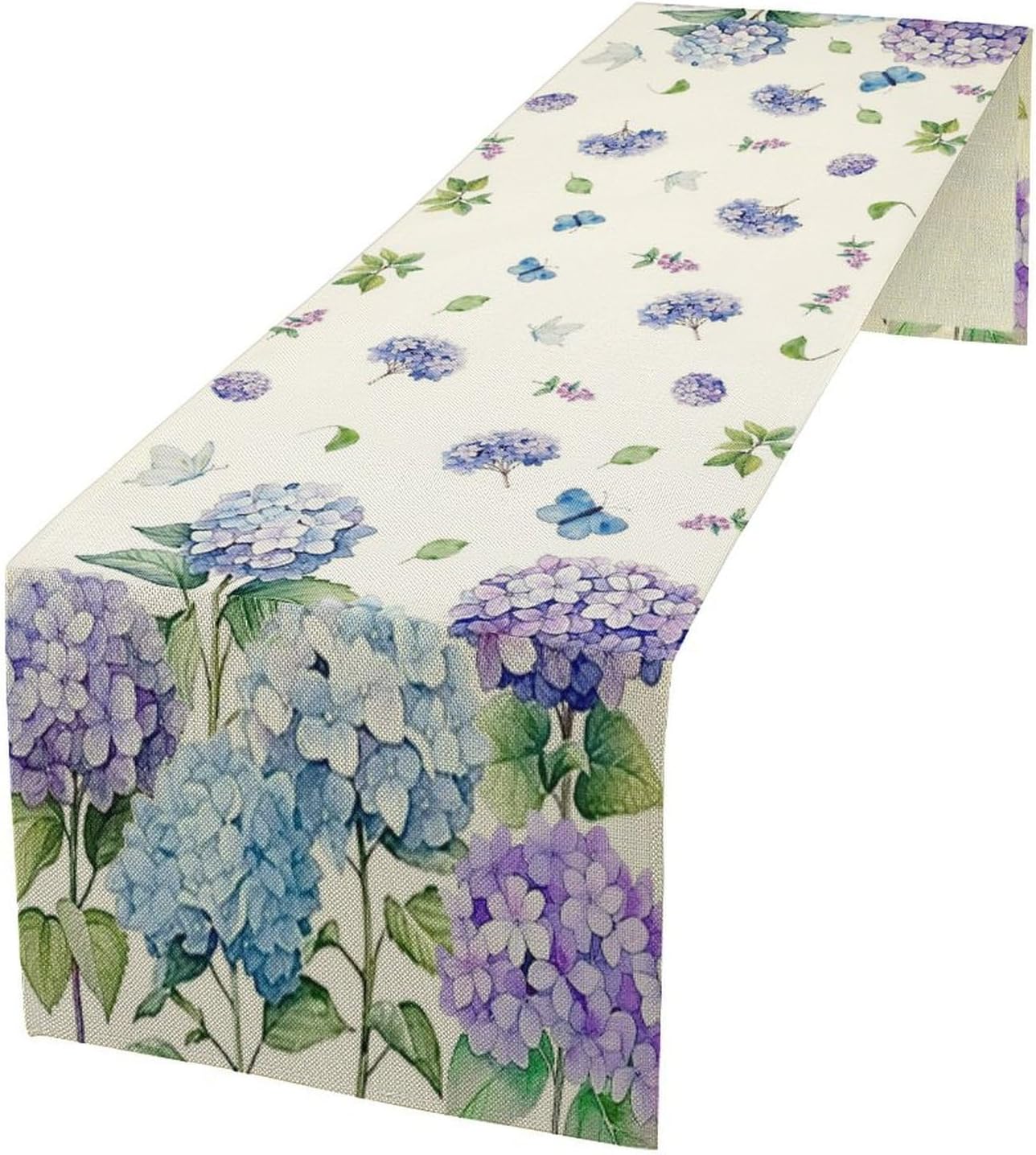 Spring Hydrangea Flower Table Runner, Seasonal Summer Plants Watercolor Florals Butterfly Dinner Runner for Home Kitchen Dining Table Party Holiday Decoration 13"x90"
