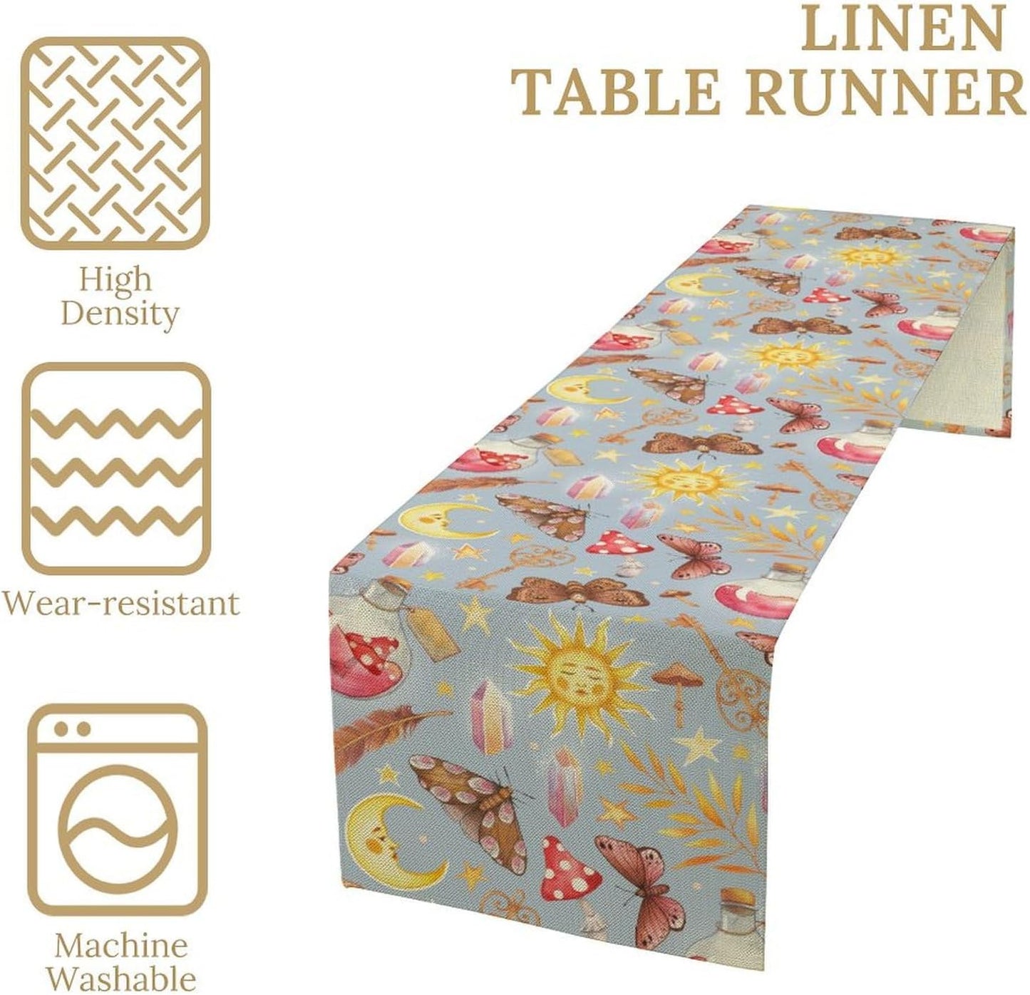 Boho Sun Moon Table Runner Mystical Rustic Butterfly Mushroom Star Table Runner for Kitchen Living Room Dinner Holiday 13x90 Inch