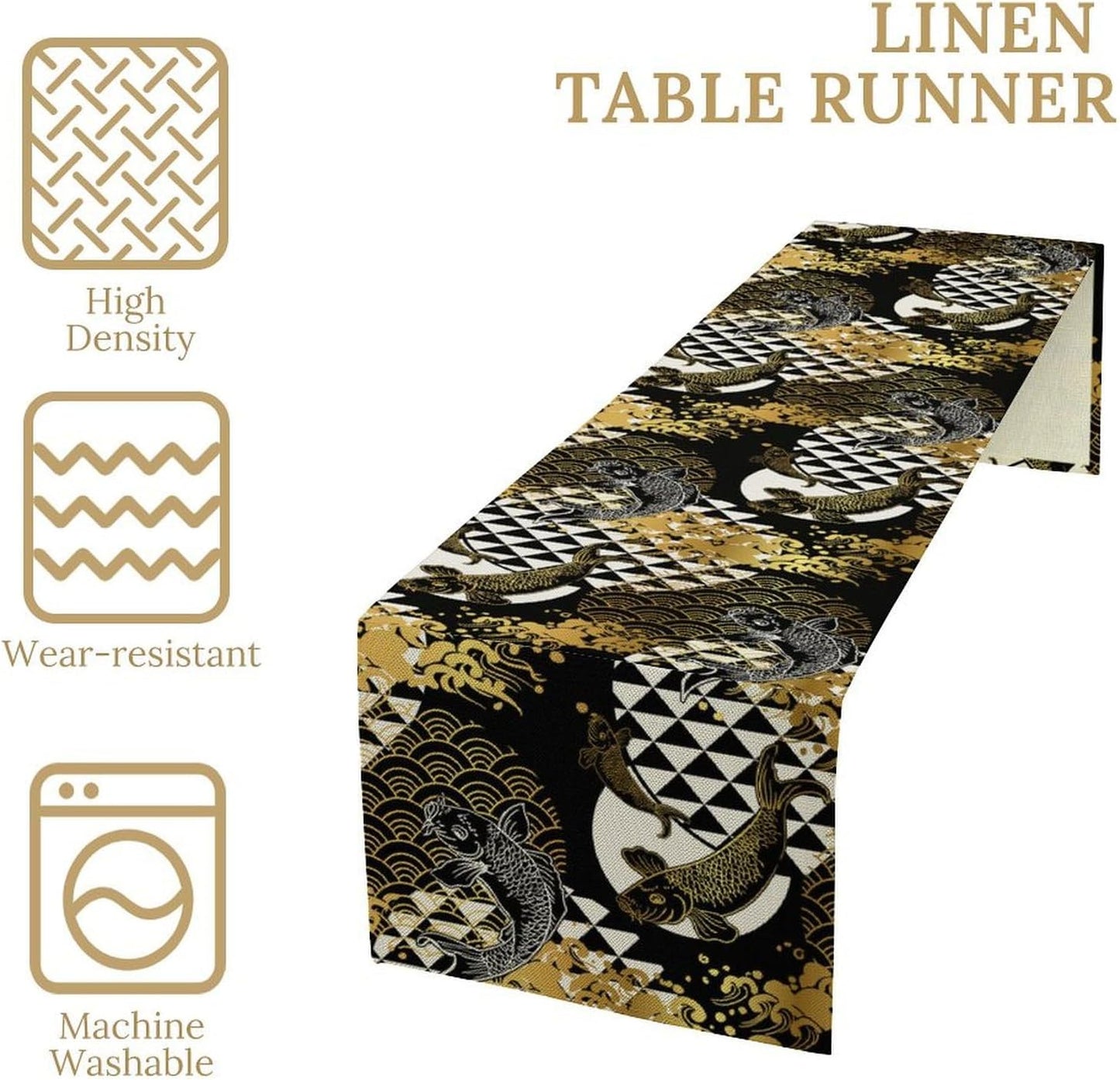 Japanese Table Runner Oriental Tradition Kio Fish Gold Art Printed Burlap Runner Home Kitchen Dining Table Living Room Decor Fabric 1 Panel W13xL108in