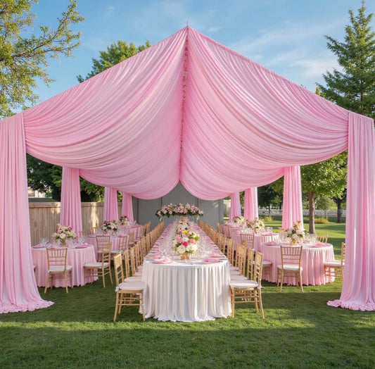 PartyVillage 10ftx40ft Baby Pink Ceiling Curtain for Wedding Parties – 2 Panels Wrinkle-Free 40 FT Long Tent Draping Curtains for Wedding, Birthday & Theme Parties, 40ft Height with Rod Pocket