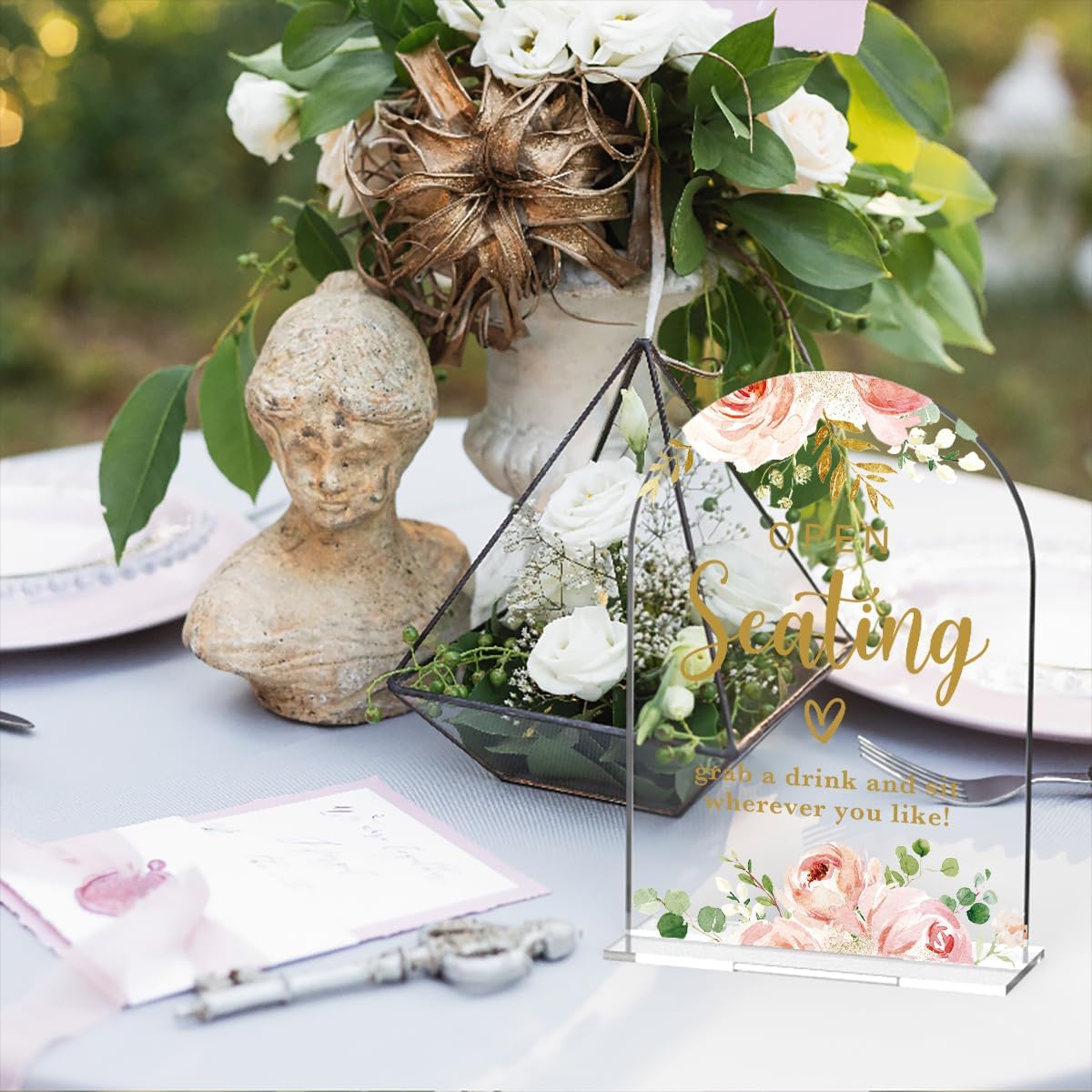 Acrylic Wedding Signs, Bridal Shower Decorations, Open Seating Signs for Reception, Modern Calligraphy Arch Acrylic Table Top Sign for Wedding Reception and Engagement Parties (Clear Pink Flowers)