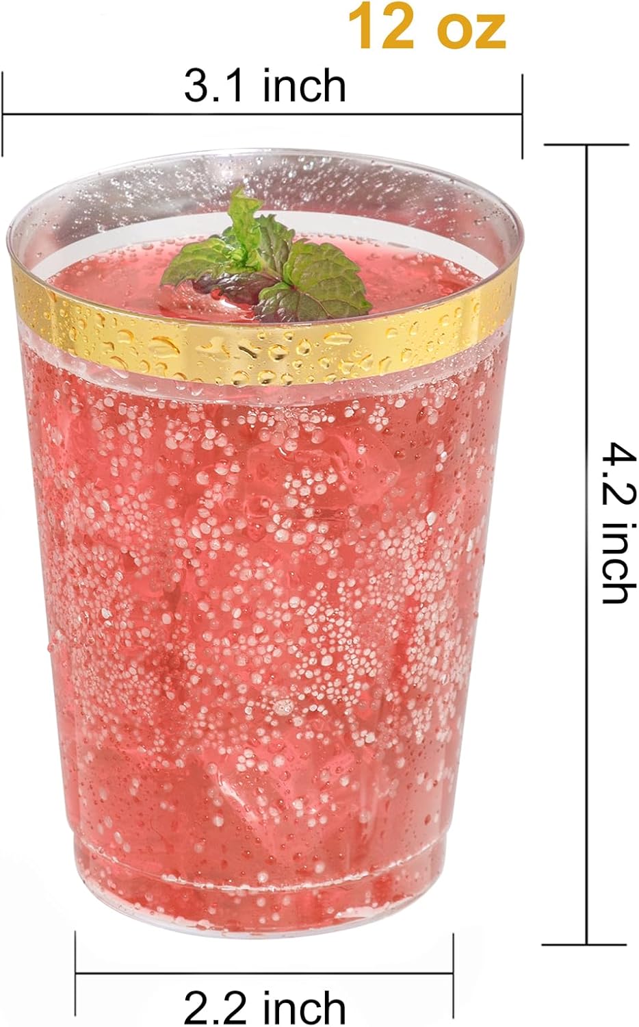 I00000 50 Pack 12 oz Gold Plastic Cups, Gold Rimmed Disposable Cups, Disposable Plastic Wine Glasses Cocktail Glasses Heavy Duty Cup with Golden Rim, 12 Ounce Tumblers for Party & Wedding