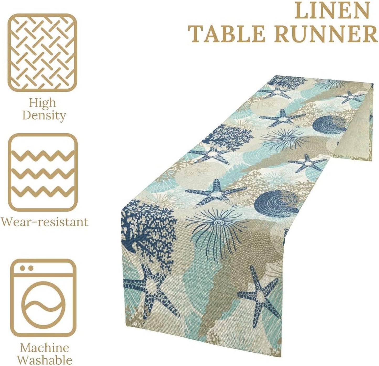 Nautical Coastal Table Runner，Ocean Themed Starfish Coral Conch Beach Kitchen Dinning Table Decoration for Indoor Outdoor Home Party Decor 13x90 Inch