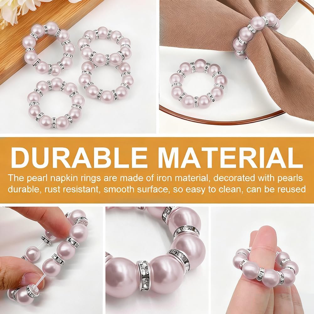20Pcs Pearl Napkin Rings, Pink Beaded White Silver Round Buckles, Set of 6, Wedding and Formal Dinner Table Decor (20, Pink)