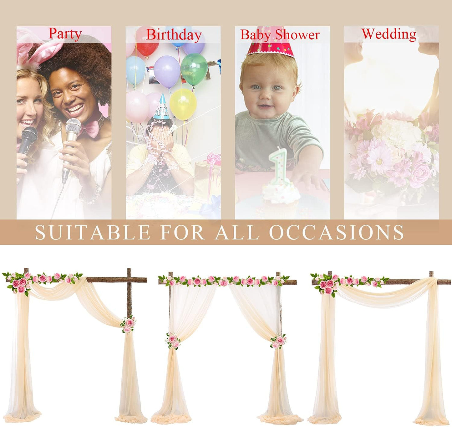 Champagne Arch Drapes for Wedding Arch Draping Fabric 2 Panel Sheer Backdrop Curtain for Ceremony Bridal Party Decor 6 Yards 19Ft Length x 28" Width