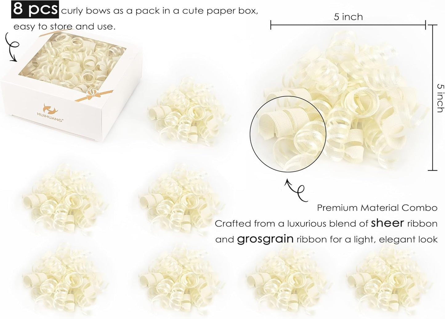 HUIHUANG Gift Wrapping Bows Gift Wrap Accessory Ivory Curly Ribbon Bow 5 inch x 8 Counts Stick On Bows for Presents, Paper Bag, Party Favors, Bridal Shower Wedding Decoration