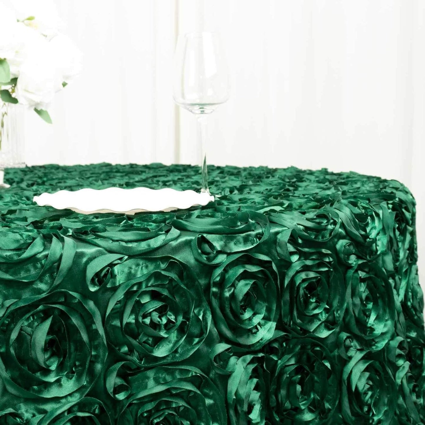 Efavormart 120" Hunter Emerald Green Grandiose 3D Rosette Satin Round Tablecloth for Wedding Party Event Decoration
