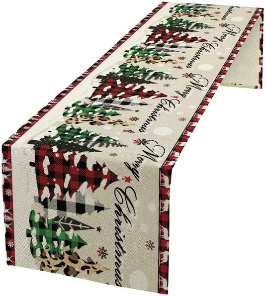 Christmas Tree Table Runner,Farmhouse Xmas Trees Buffalo Plaid Winter Snowflake Tablecloth Burlap for Hotel Indoors Outdoor Dining Room Kitchen Home Decor,W13X L36 in
