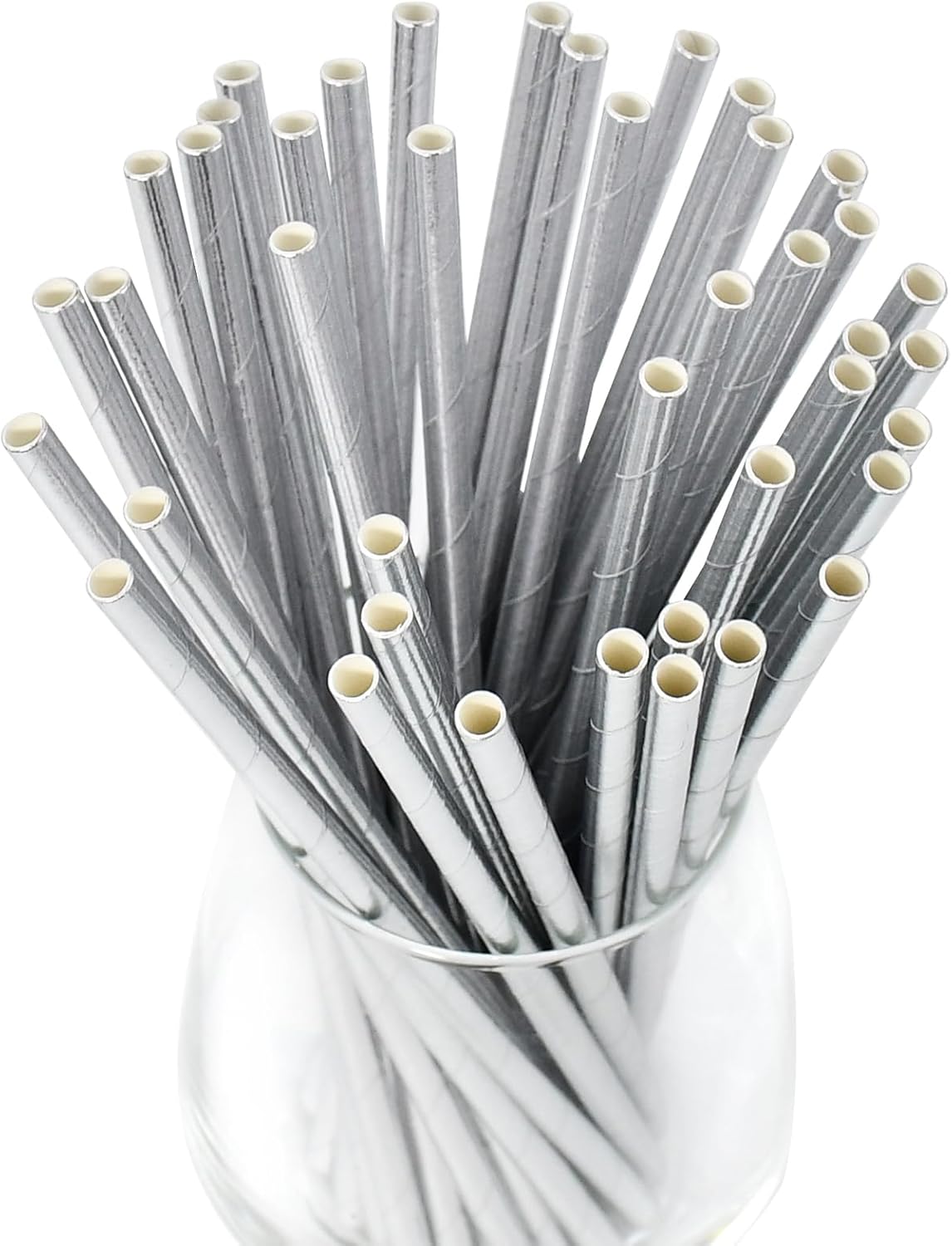 7.75" x 0.24" Silver Disposable Paper Drinking Straws for Cocktails, Party, Wedding, Bars, Restaurants, 100 Counts