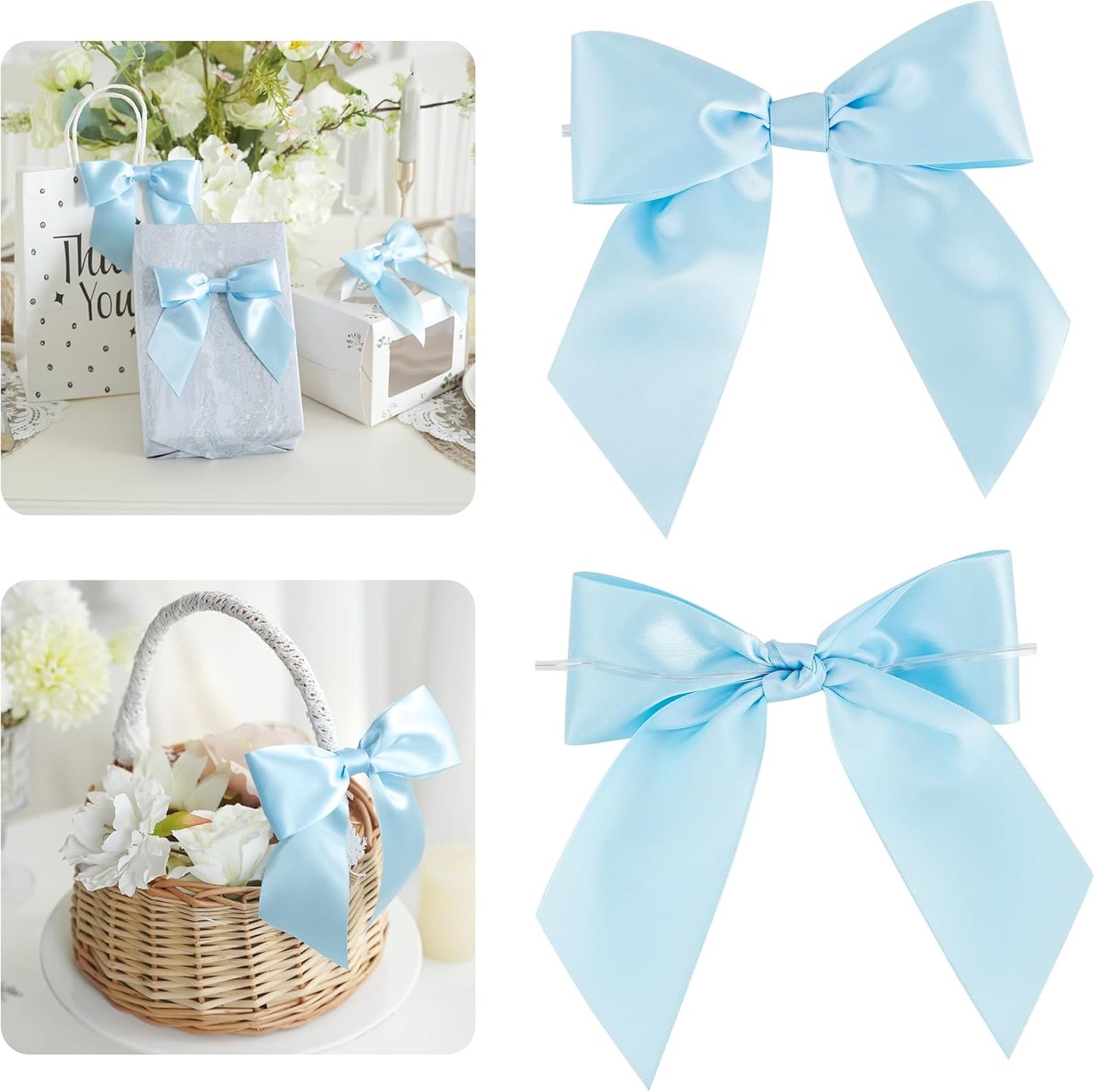 AIMUDI Baby Blue Satin Bows 5.5" Bows for Gift Wrapping Satin Twist Tie Bows Premade Ribbon Bows for Treat Bags Invitations Baskets Crafts Wedding Birthday Baby Shower Easter Decorations, 24 PCs