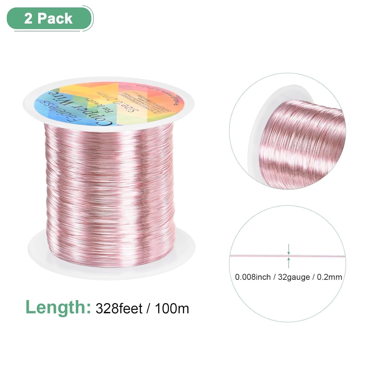 2-Rolls 0.2mm Jewelry Wire, 32 Gauge 328FT Craft Wire Copper Beading Wire for Jewelry Making/Planting/Weaving/DIY Crafting, Soft Metal Wires [100M, Rose Golden]