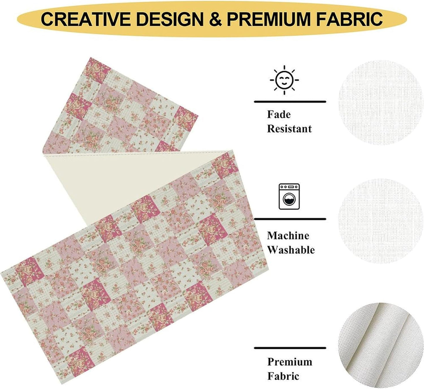 Patchwork Table Runner, Boho Vintage Pink Wildflowers Bohemian Paisley Flower Farmhouse Table Center Decor for Home Kitchen Dining Patio Holiday Party Indoor Outdoor Table Decorations, 13"x72" Inch