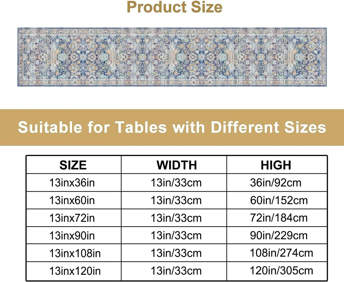 Vintage Boho Floral Table Runner, Rustic Country Farmhouse Blue Yellow Retro Flower Pattern for Home Kitchen Table Decor Dining Coffee Room Party Decor 13x108in