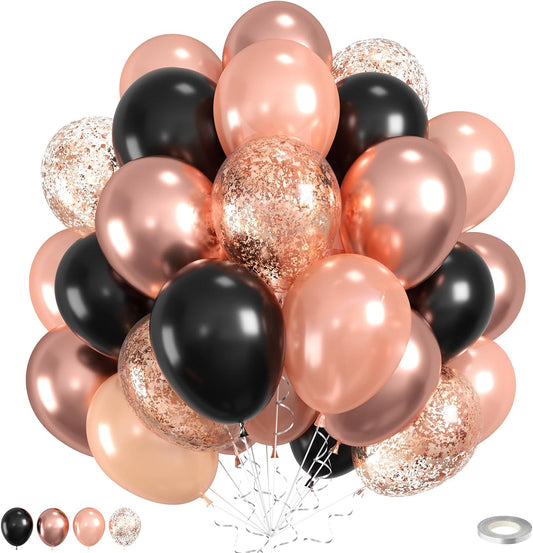 Black Rose Gold Balloons, 60pcs Rose Gold And Black Balloons, Metallic Pearl Matte Confetti Balloon For Girls Women Lady Birthday Baby Shower Party Wedding Bridal Shower Bachelorette Engagement Decor