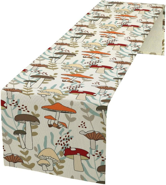 Mushroom Table Runner, Vintage Nature Plant Table Runner for Farmhouse Kitchen Dining Table Decoration for Home Party Decor 13x108 Inch