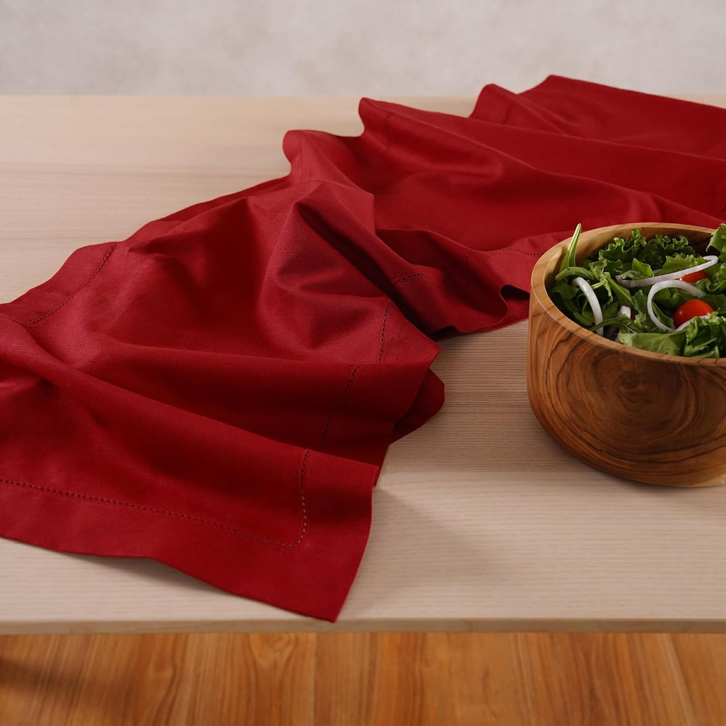 Red Table Runner 36 Inch – Cotton Linen Hemstitch Farmhouse Table Runner 14x36 – Washable Fabric for Dining, Fall, Halloween, Thanksgiving, Spring, Summer, Wedding, Everyday Décor – Serena