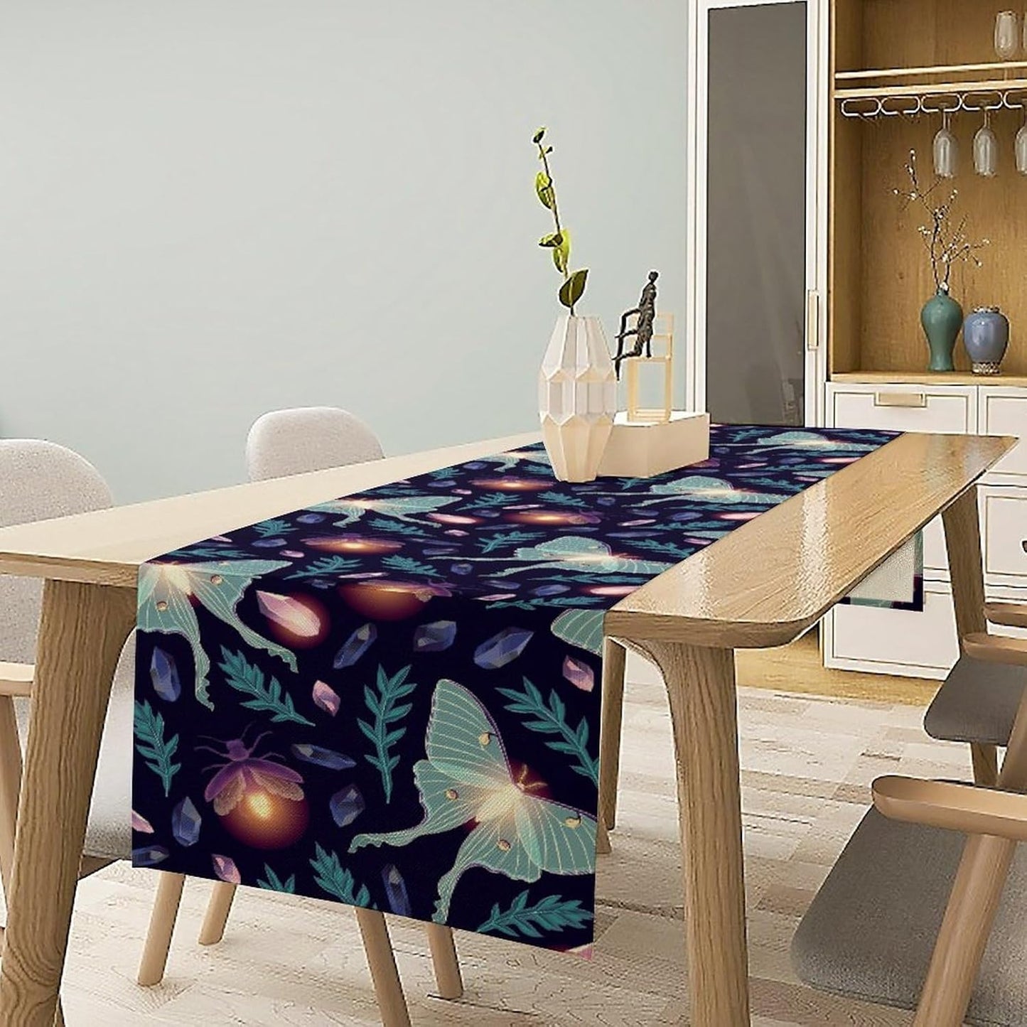 Moth Table Runner, Retro Boho Aesthetic Blue Moth Magic Table Runner for Home Kitchen Dining Party Indoor Outdoor Decoration 13x120 Inch