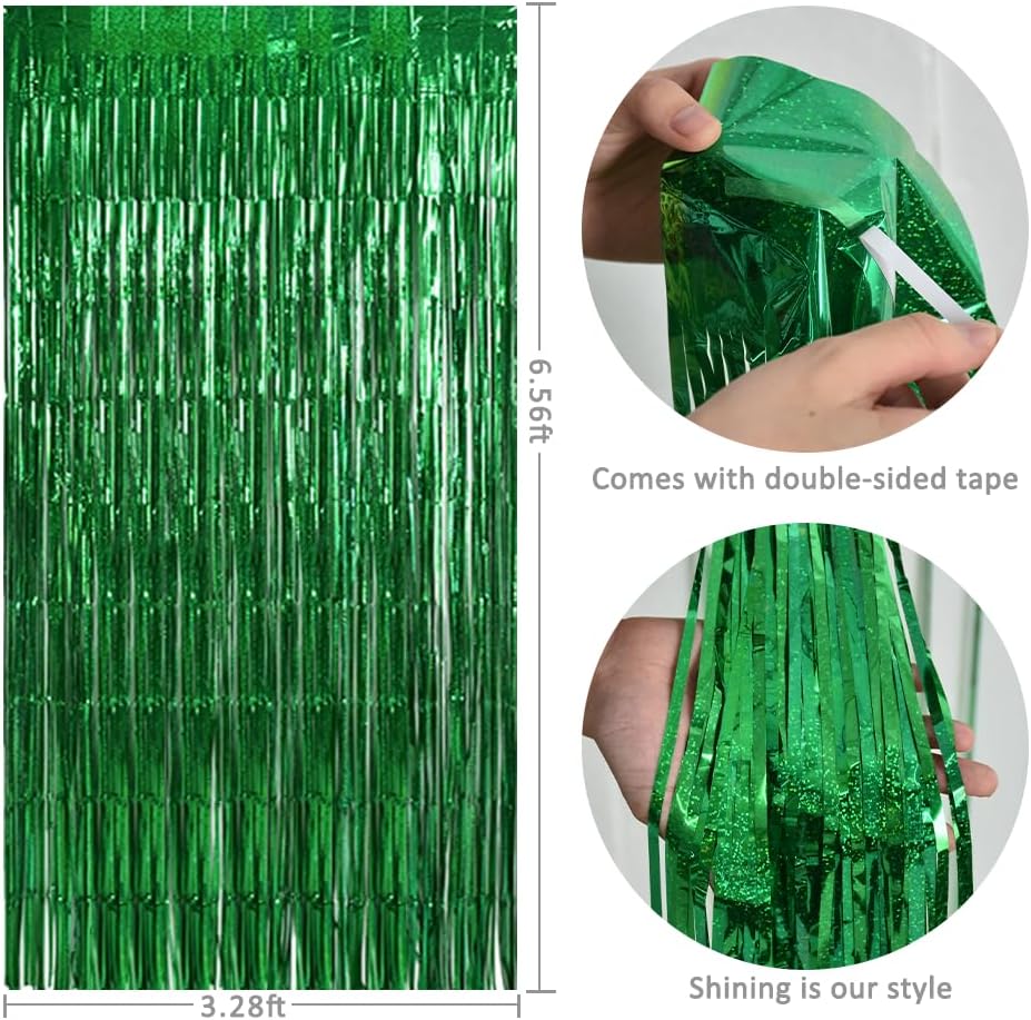 TONIFUL 3Pcs Laser Green Door Streamers, Metallic Streamers Foil Fringe Curtains for Birthday, Christmas, New Year, Bachelorette, Grad Party (9.9ft x 6.6ft)