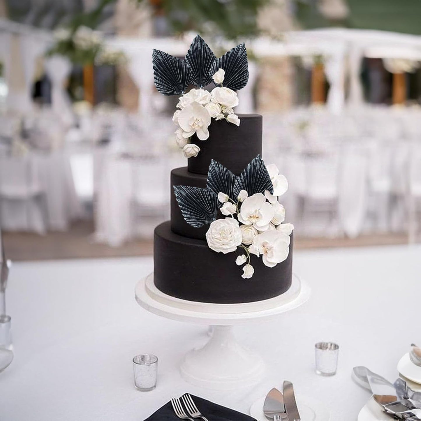 Ephlyn 6Pcs Paper Palm Leaves Fan Cake Toppers Palm Leaf Fan Cake Picks Craft DIY Fan Cupcake Toppers Palm Spear Leaves Cake Decorations for Baby Shower Wedding Birthday Party Supplies Bright Black