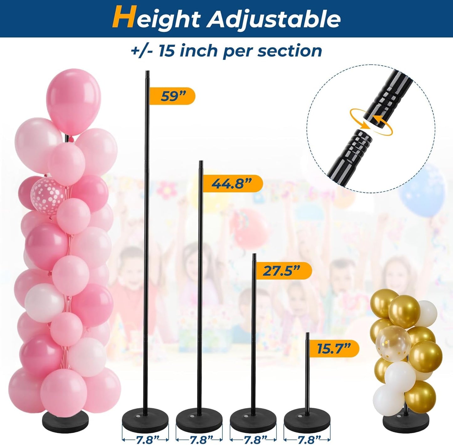Balloon Stands for Floor Set of 2, Height Adjustable Splicing Metal Pole Balloon Column Stand for Birthday,Baby Shower,Christmas,Halloween,Party,Events Decorations, 1.3-5FT Tall, Black