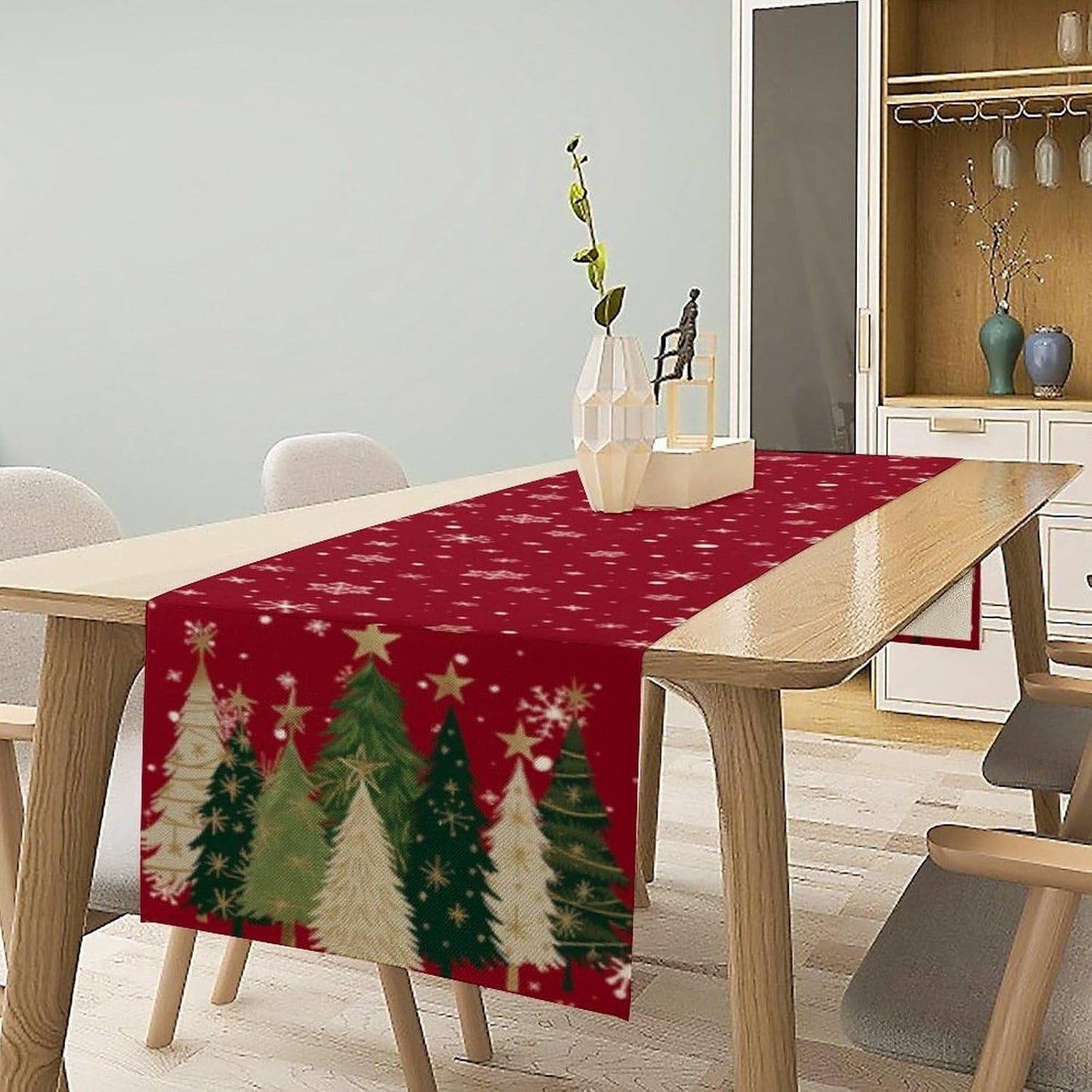 Merry Christmas Table Runner,Red Christmas Tree Snowflake Winter Seasonal Table Cloth Kitchen Dining Table Decoration for Home Party Decor 13x70 Inch