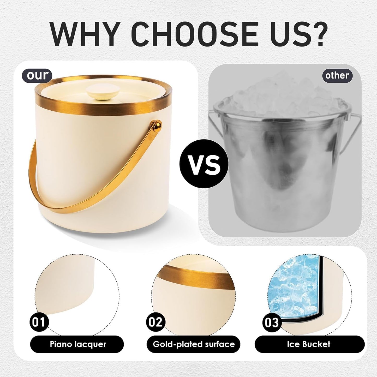 3L beige white Double Wall Insulated Stainless Steel Ice Bucket with scoop for Cocktail Bar,Metal Ice Bucket for freezer with Lid for parties.ice Container to Keep Ice Colder,bar cart accessories