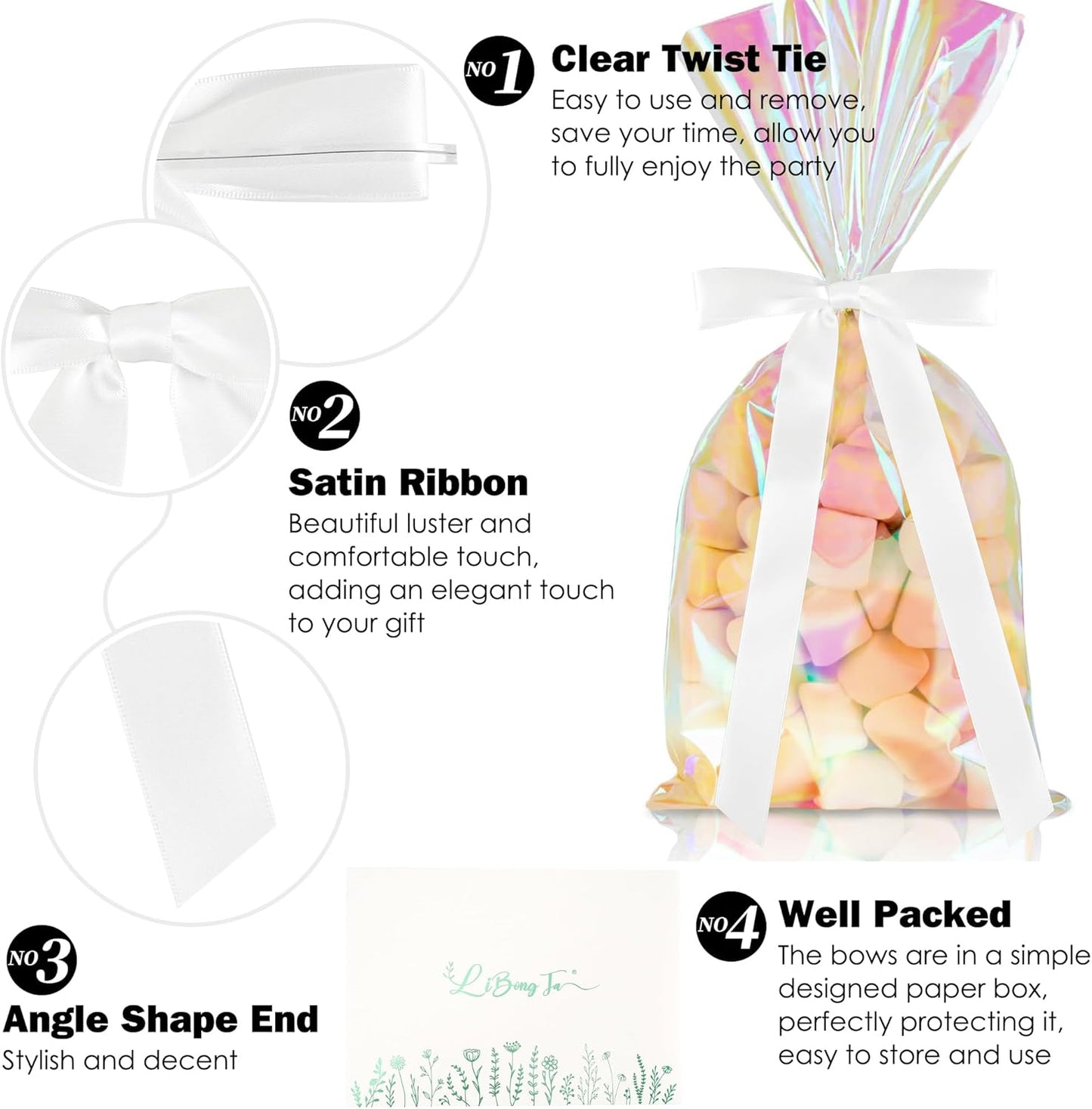 50 PCs White Bow Decor 5.5'' Satin Bows with Long Tail, Twist Tie Bows for Craft, Packaging Ribbon Bows, Premade Bows for Cake Decorating, Gift Bows for Treat, Wedding Favor, Party