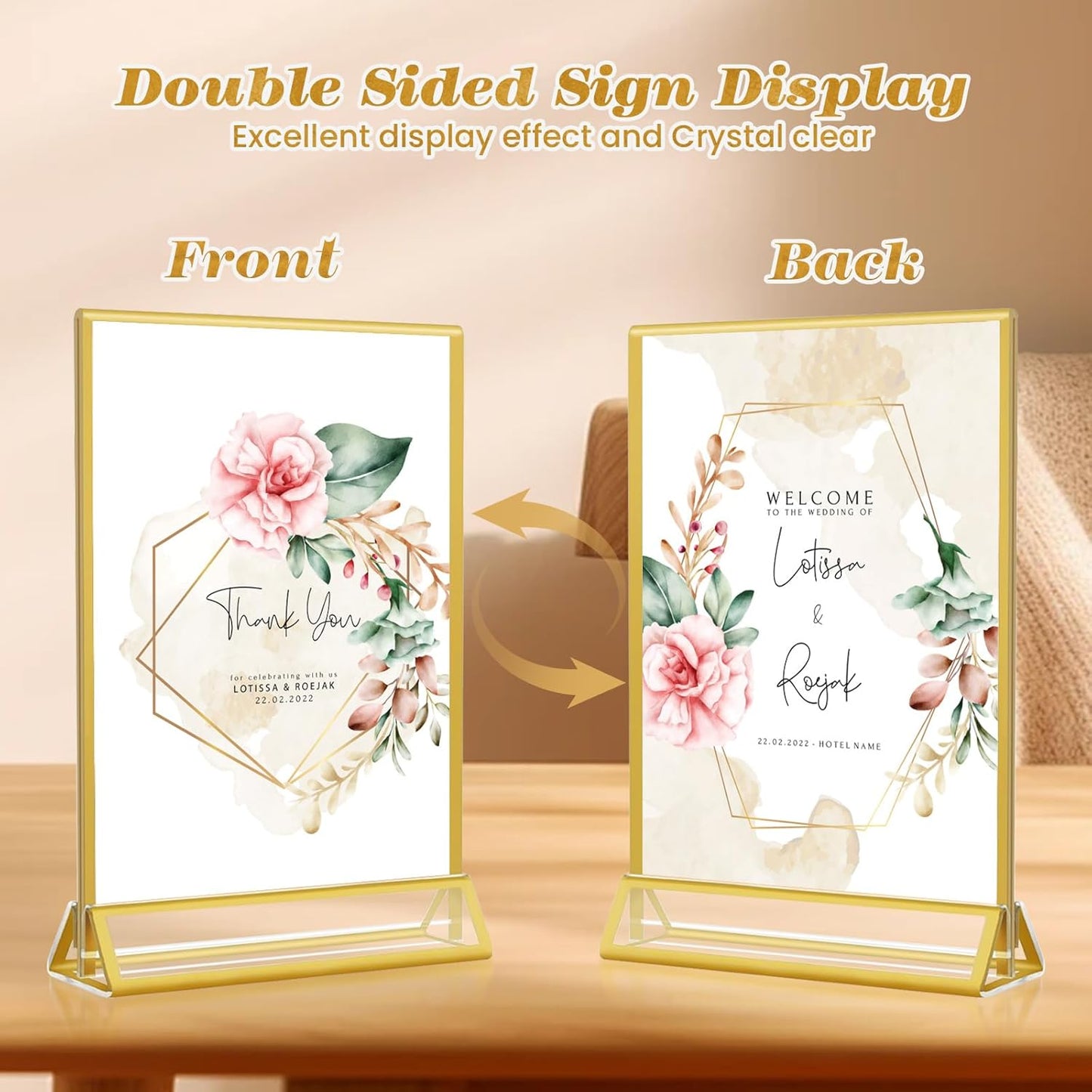Gold Acrylic Sign Holder 4x6, 16 Pack Wedding Gold Frame Table Number Holders Vertical, Clear Picture Frames Flyer Stands Tables Menu Holder, Double Photo Paper Display Holder for Party, Home, Office