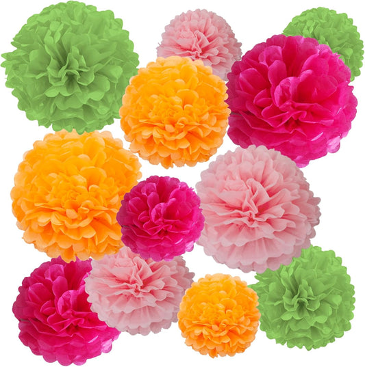 ZOOYOO Pink Orange Green Paper Poms, Tropical Party Decoration, Hawaiian Tissue Paper Poms Luau Decorations for Summer Birthday Anniversary 12PCS