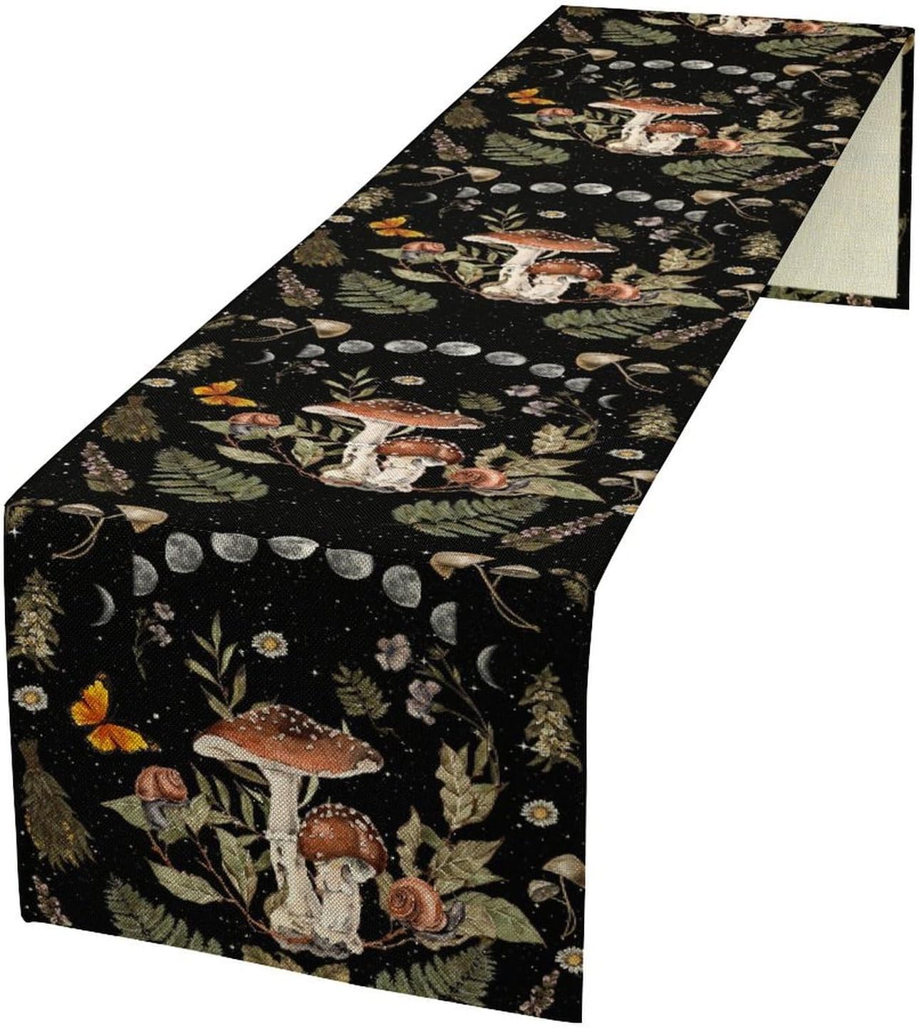 Mushroom Kitchen Table Runner, Boho Vintage Wild Flower Gothic Witchy Moonlit Forest Plant Table Runner for Bedroom Living Room Kitchen Dinner Table, 13x36 Inch