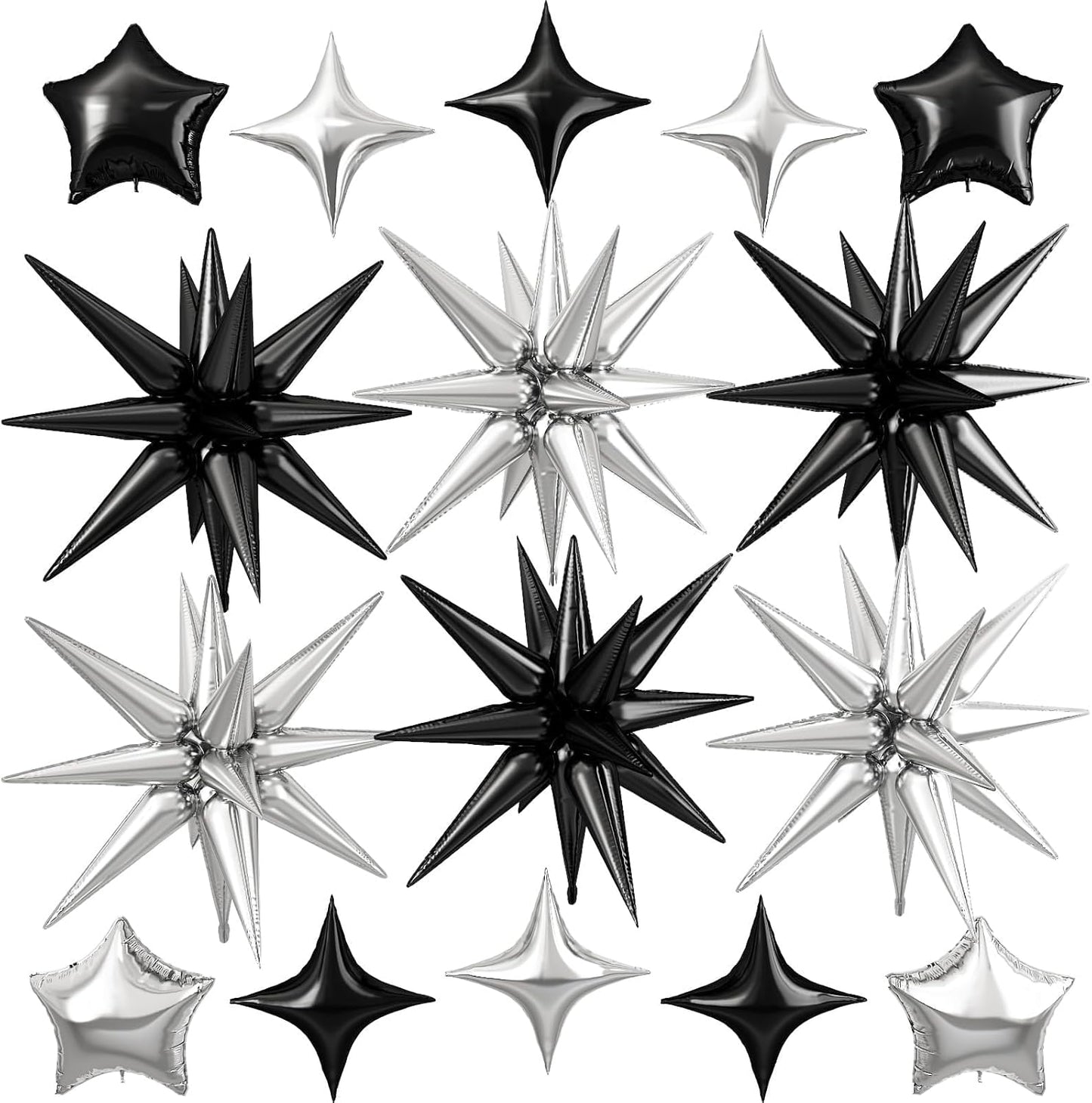 Black Silver Star Balloon,16Pcs Star Foil Balloons Set with 22Inch Explosion Spike Cone Balloons and 10Inch Quadrangle Helium Balloon for Birthday Wedding Baby Shower Party Decorations