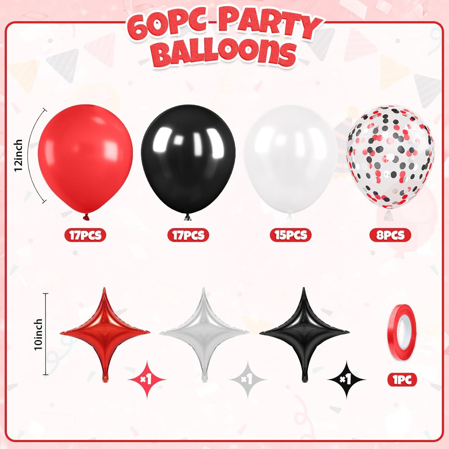 Red And Black Balloons, 60pcs Red Black White Balloons, Confetti Balloon White 3 Colour Star Foil Balloon For Birthday Baby Shower Party Wedding Graduation Bridal Shower Retirement Engagement Decor