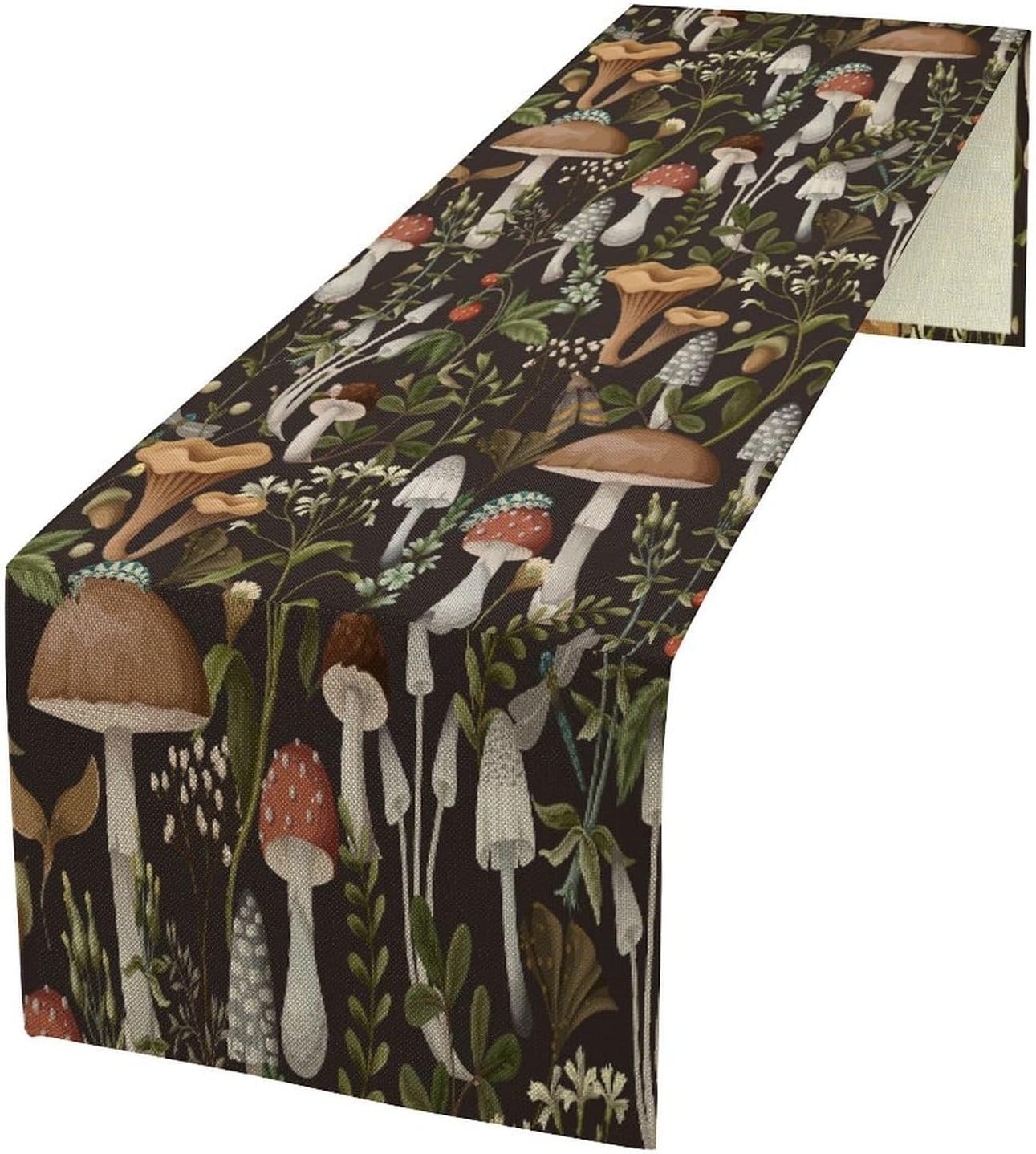 Mushroom Table Runner,Retro Forest Wildflower Botanical Plants Flower Art Pattern Print Burlap Hotel Indoors Outdoor Dining Room Kitchen Holiday Party, 13x36in