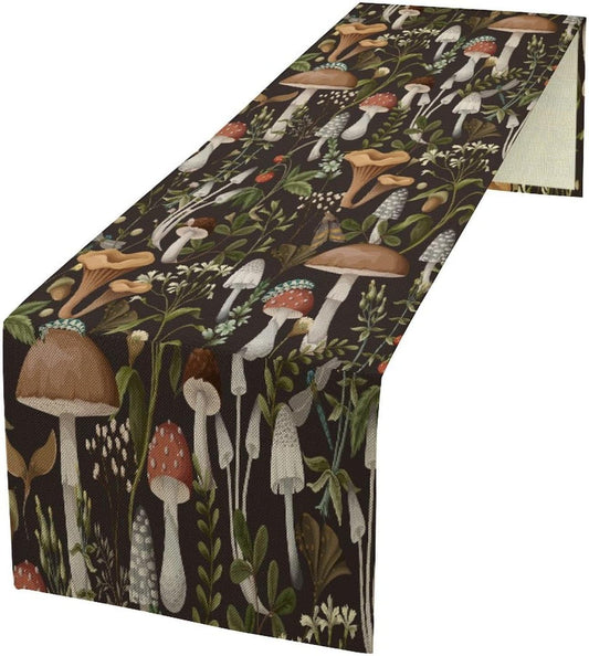 Mushroom Table Runner,Retro Forest Wildflower Botanical Plants Flower Art Pattern Print Burlap Hotel Indoors Outdoor Dining Room Kitchen Holiday Party, 13x36in