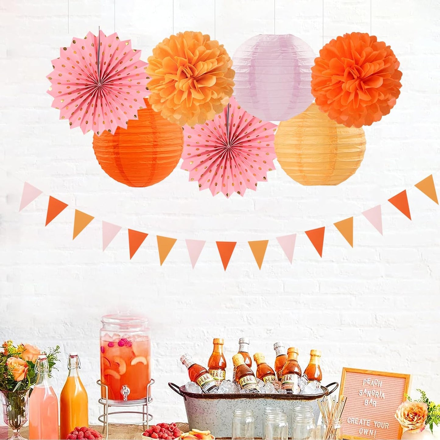 Pink-Orange Groovy Party-Decorations - 20pcs Fall Autumn Thanksgiving Harvest Paper Streamers Lanterns Fans,Tissue Pom Poms,Honeycomb Balls,Bunting,Birthday Baby Bridal Shower Wedding Decor Burgleda