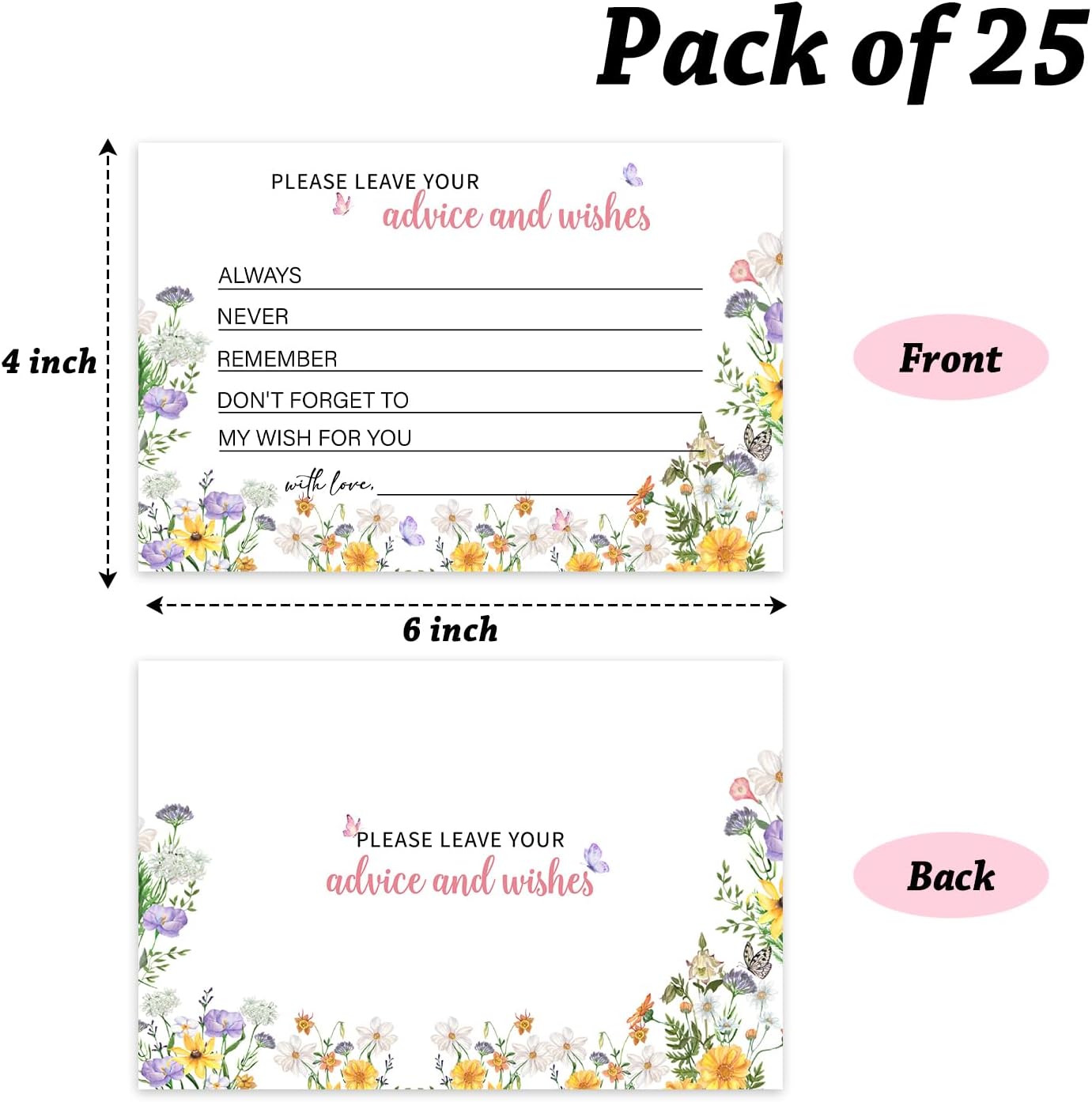 Advice and Wishes For the Mr and Mrs, Wildflower Advice Cards for Bridal Shower, Well Wishes for Wedding, Baby Shower Birthday And Graduation Party, 4" x6", 25 Pack-03
