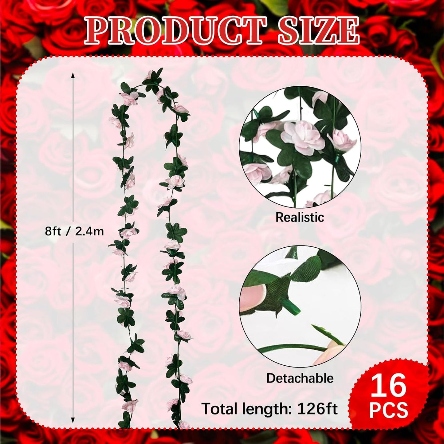 16Pcs 126Ft Light Pink Rose Garland, Fake Rose Hanging Flowers, Artificial Flower Vine, Hanging Floral Vine Garland for Wedding, Birthday Party, Wall Arch, Halloween, Christmas Garden Backdrop Decor