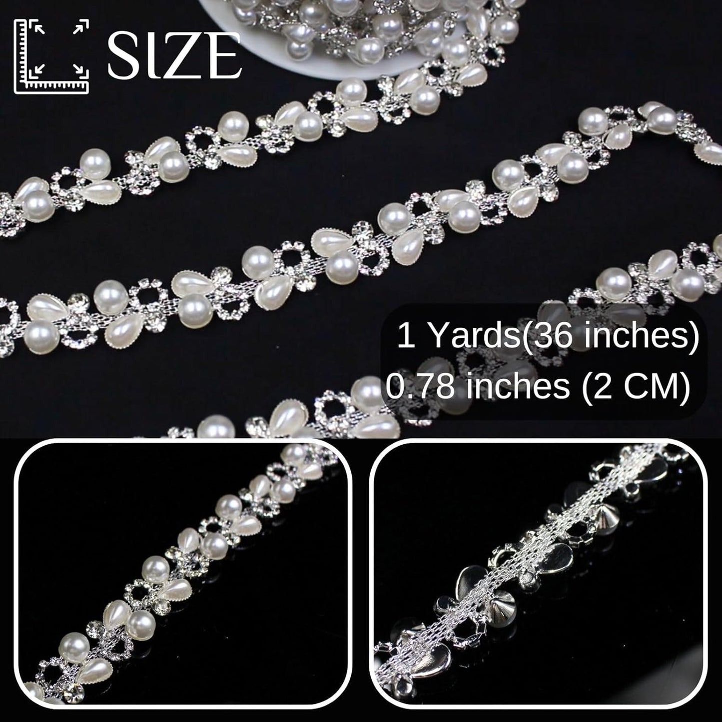 1 Yard Pearl Chain Silver Rhinestone Trim String Crystal Applique Fringe Ribbon Strips Beads Sewing Dress DIY Party Wedding Bouquet for Decoration Bridal Costume Embellishment