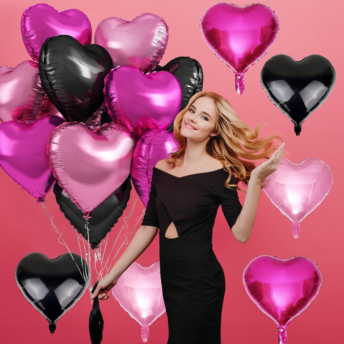 Pink Black Heart Foil Balloons, 12Pcs 18 Inch Hot Pink and Black Heart Shaped Foil Helium Balloon Party Decorations for Girls Women Princess Birthday Baby Shower Bridal Wedding Bachelorette