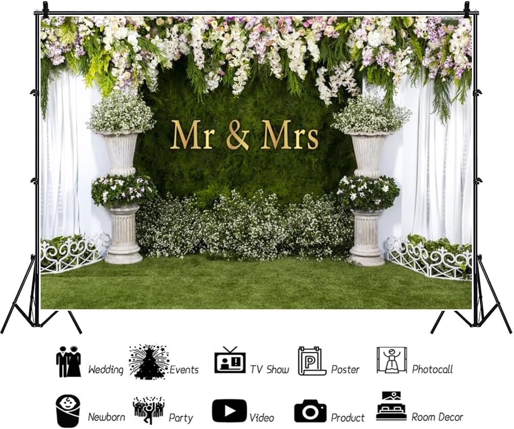 Wedding Arch Flower Backdrop 8x6ft - Flower Wedding Mr & Mrs Engagement Background