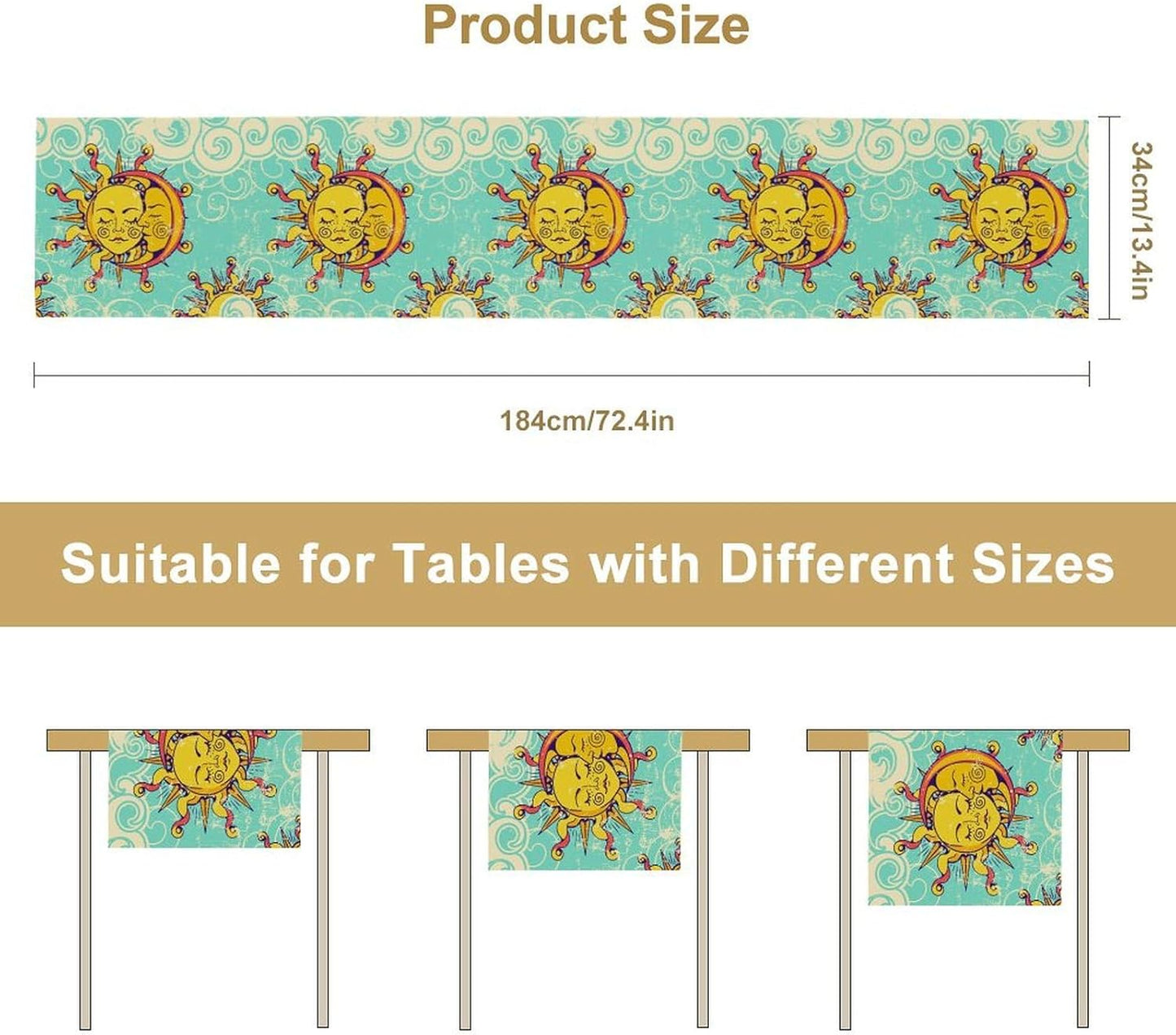 Retro Sun Moon Table Runner, Phase of The Moon Vintage Cloud Table Runner for Kitchen Dinner Living Room Table Runner Yellow Floral, 13x108 Inch Yellow Blue