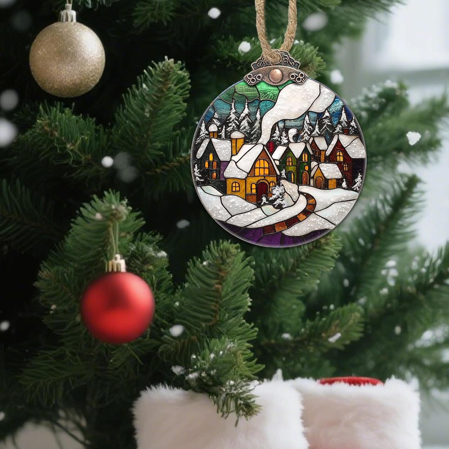 Stained Glass Christmas Decorations, Winter Snow Cabin Suncatcher for Window Christmas Tree Hanging Ornaments Retro White Sun Catcher Xmas Decor Gifts for Women Men Mom Nana Friend
