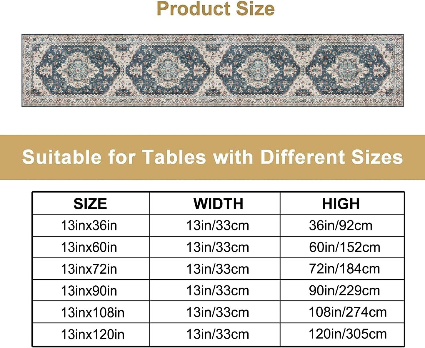 Boho Bohemia Style Table Runner, Vintage Blue Retro Flower Rustic Country Style Floral Print Pattern for Home Kitchen Table Decor Dining Coffee Room Garden Party Decor 13x60in