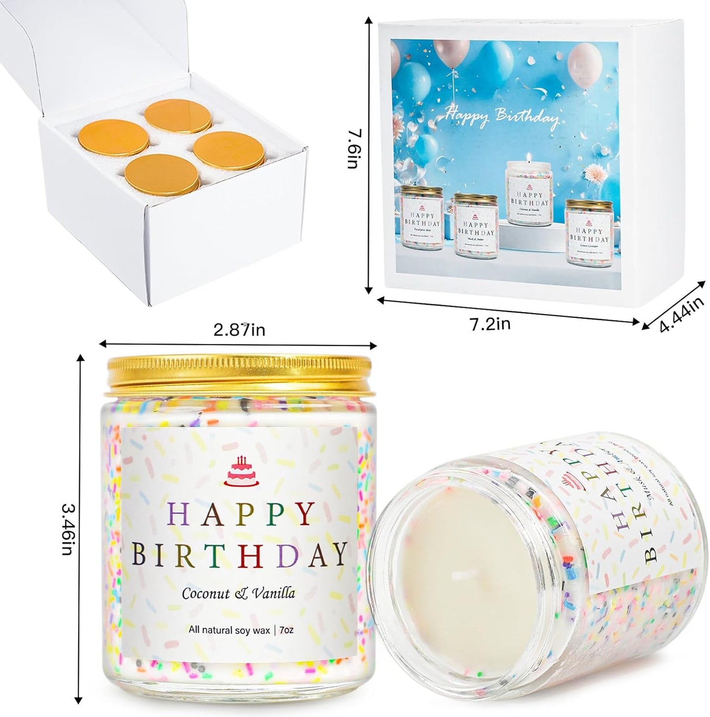 Happy Birthday Candles Set, 4 Pack Birthday Candle Gifts for Women, Unique Best Friend Birthday Gifts Ideas for Her and Him, Natural Soy Candle Scent of Vanilla Coconut/Lavender/Eucalyptus Mint - 7oz