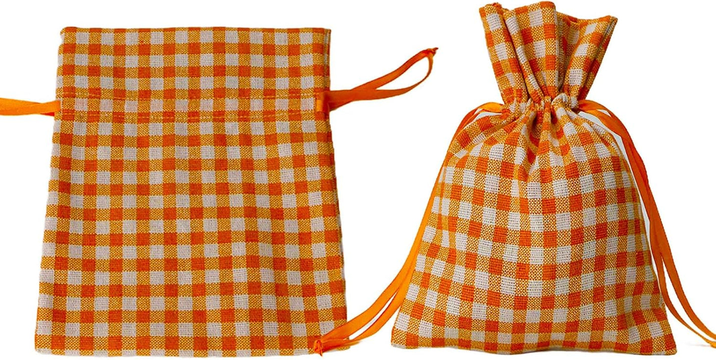 Meseey 5 Pcs Large Fall Burlap Bags with Drawstrings Buffalo Plaid Gift Bags Gingham Sacks Bags Reusable Pouch Bag for Thankgiving Birthday Party (fall plaid set 8Inch)