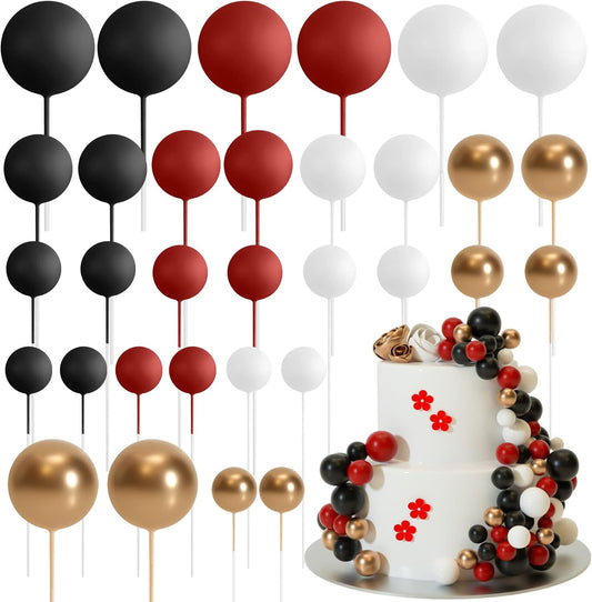 ASTARON 32 Pcs Ball Cake Topper Decorations Mini Balloons Cake Topper Sticks Foam Balls Cake Picks for Graduation Wedding Party Birthday Cake Decorating (Red Black)