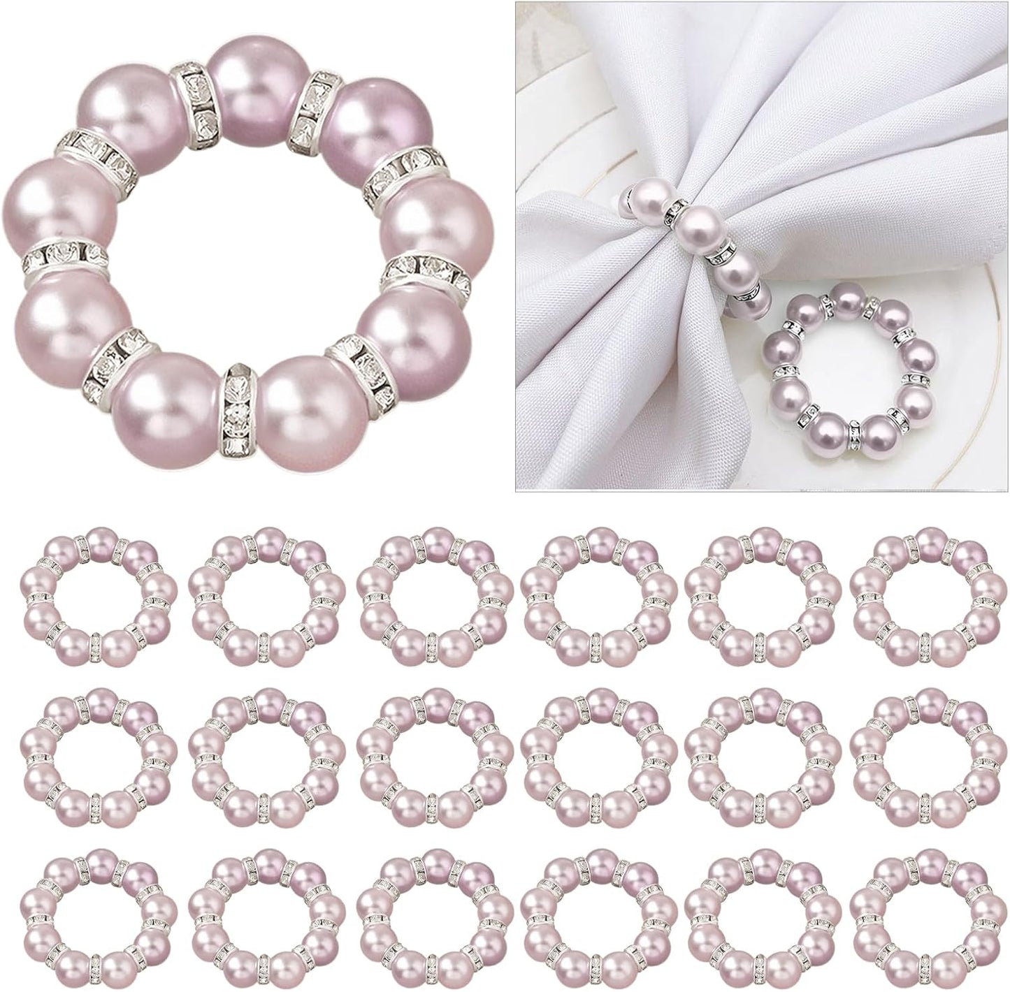 20Pcs Pearl Napkin Rings, Pink Beaded White Silver Round Buckles, Set of 6, Wedding and Formal Dinner Table Decor (20, Pink)