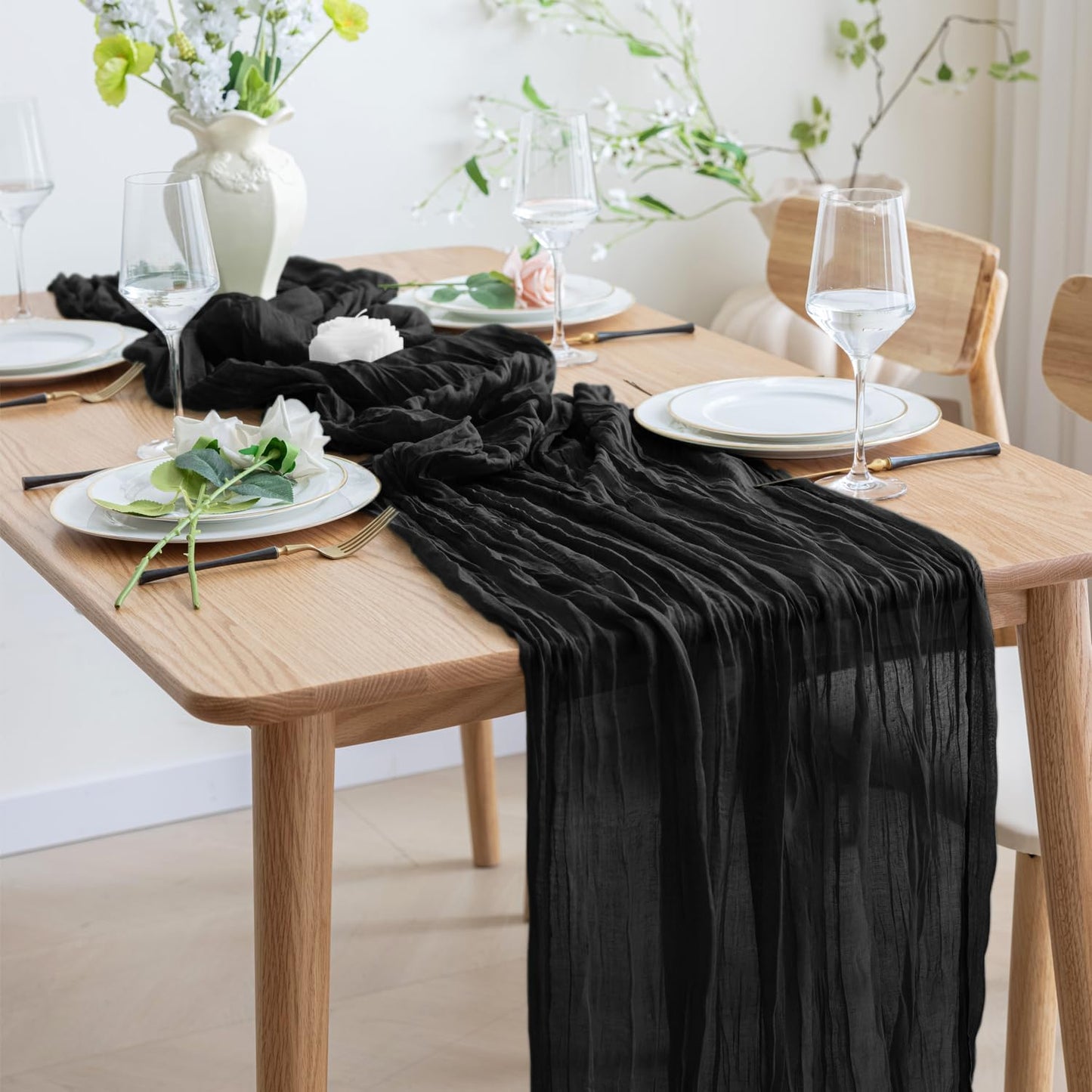 Asee'm 2pcs Cheesecloth Table Runner 120 Inches Long Black Boho Gauze Cheese Cloth Runner 10FT Rustic Sheer Table Runners for Christmas Wedding Party Baby Shower Spring Easter Decoration